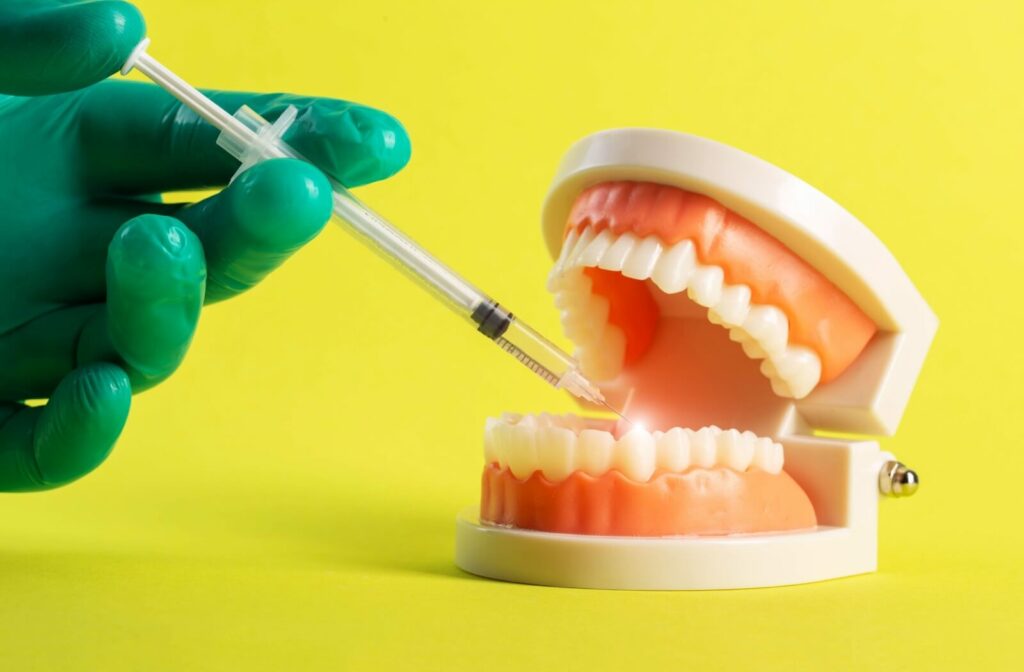 A gloved hand holding a syringe demonstrates how a dental freezing is given using a dental model.
