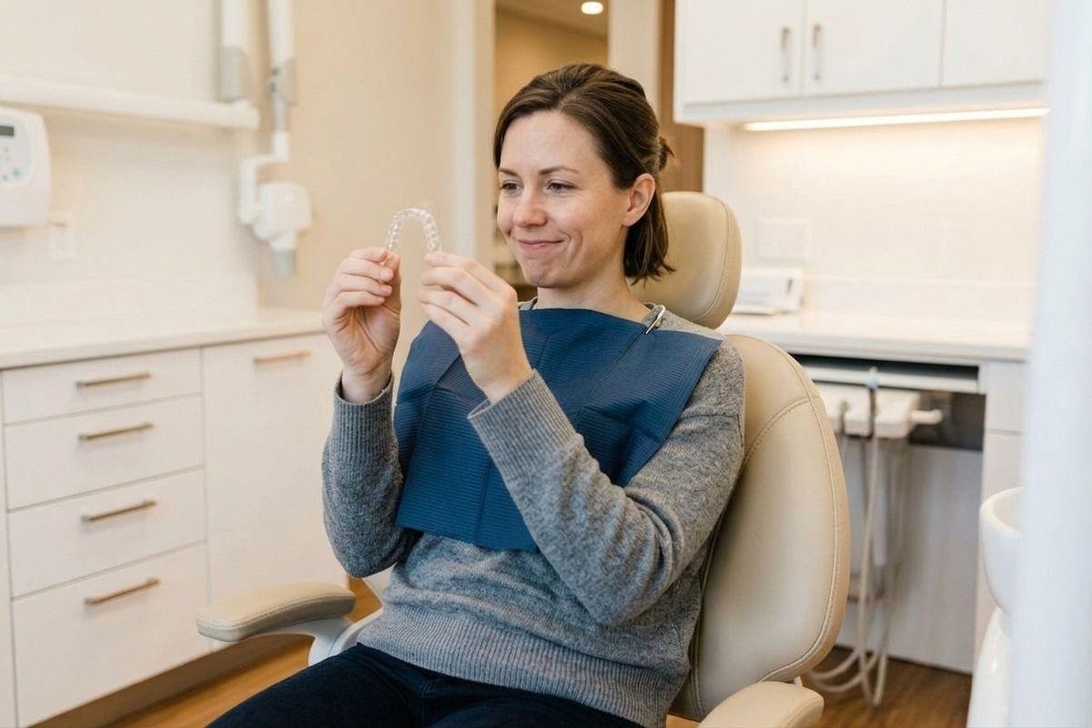 An adult patient sitting in a dental chair, smiling while holding a clear dental aligner in a modern dental office.