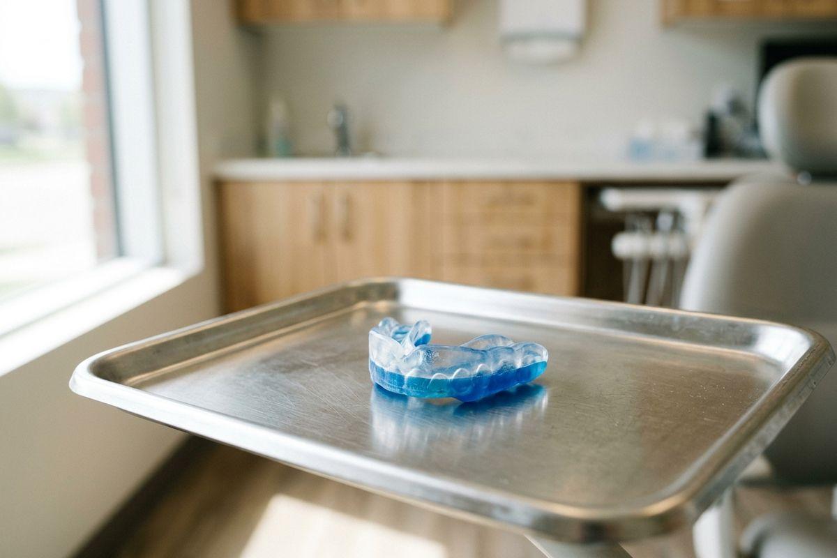 Blue custom mouthguard resting on a stainless steel tray in a dental clinic.