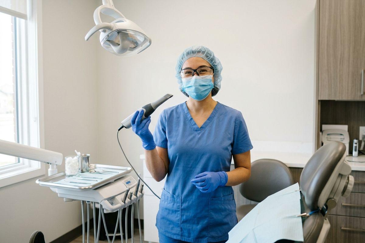 Dental professional in scrubs using a handheld intraoral scanner in a dental clinic.