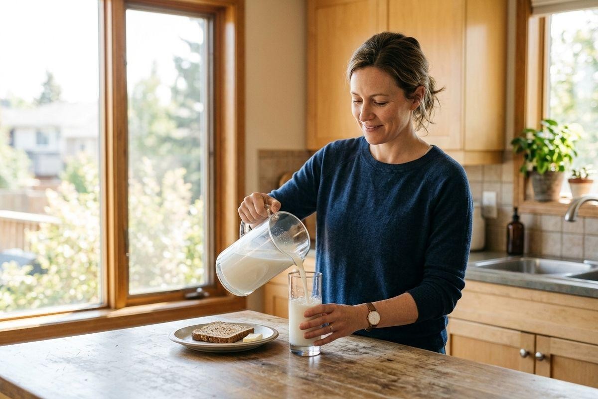 Adult smiling while pouring milk from a pitcher into a glass at a kitchen counter, with a plate of toast nearby.