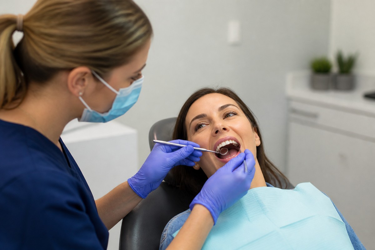 Dentist examines an adult's open mouth with a dental mirror and probe as they recline in a dental chair.